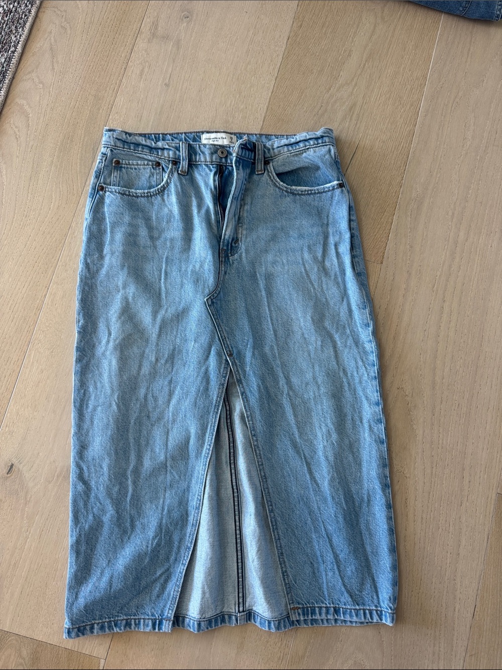 Abercrombie & Fitch Light Blue Denim Midi Skirt with Front Vent